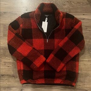 Red and Black Plaid Sherpa Fleece 3/4 Zip Sweater